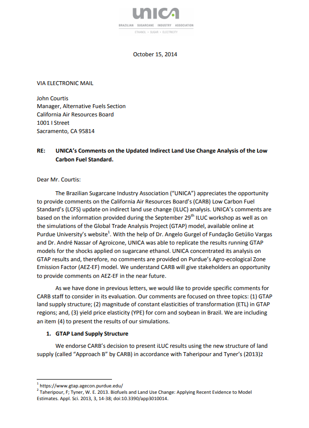 UNICA’s Comments on the Updated Indirect Land Use Change Analysis of the Low Carbon Fuel Standard