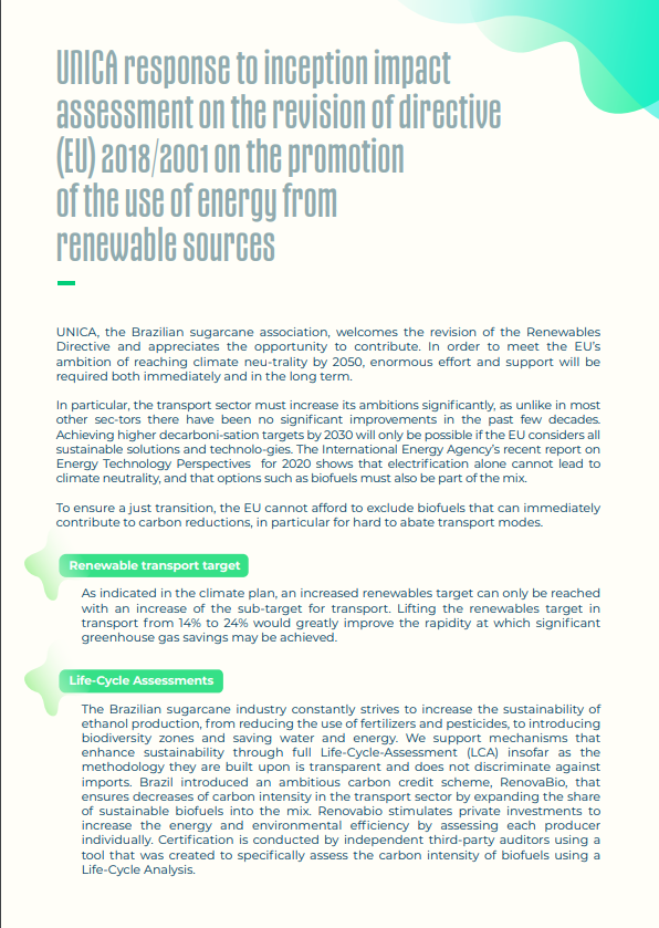 UNICA response to inception impact assessment on the revision of directive (EU) 2018/2001 on the promotion of the use of energy from renewable sources