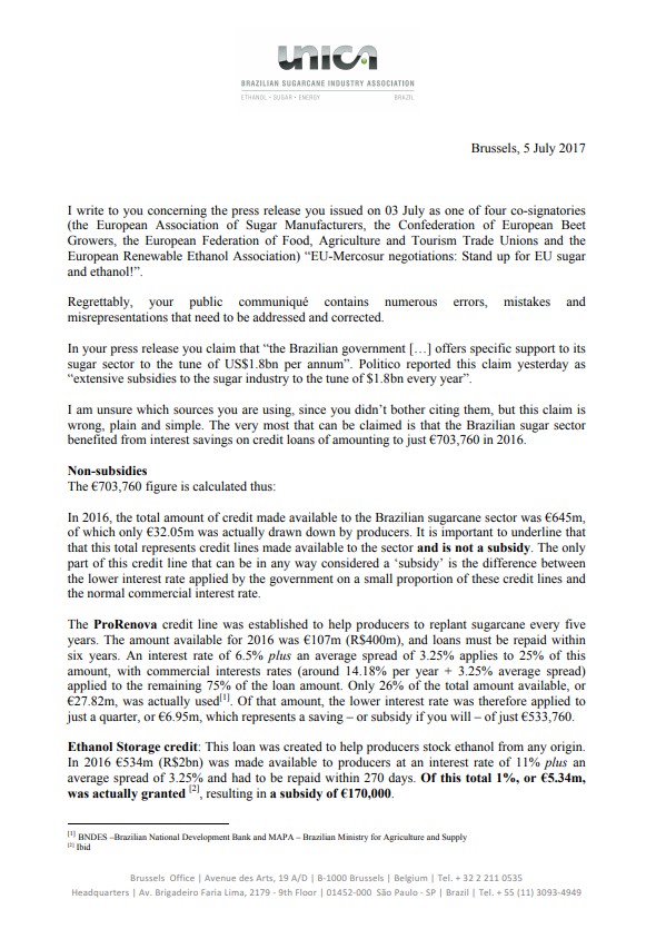 UNICA’s answer to the press release on EU-Merocsur negotiations published by CEFS, CIBE, ePURE and EFFAT