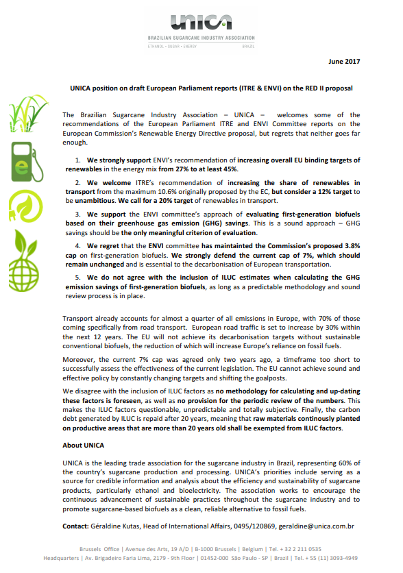 UNICA position on draft European Parliament reports (ITRE & ENVI) on the RED II proposal