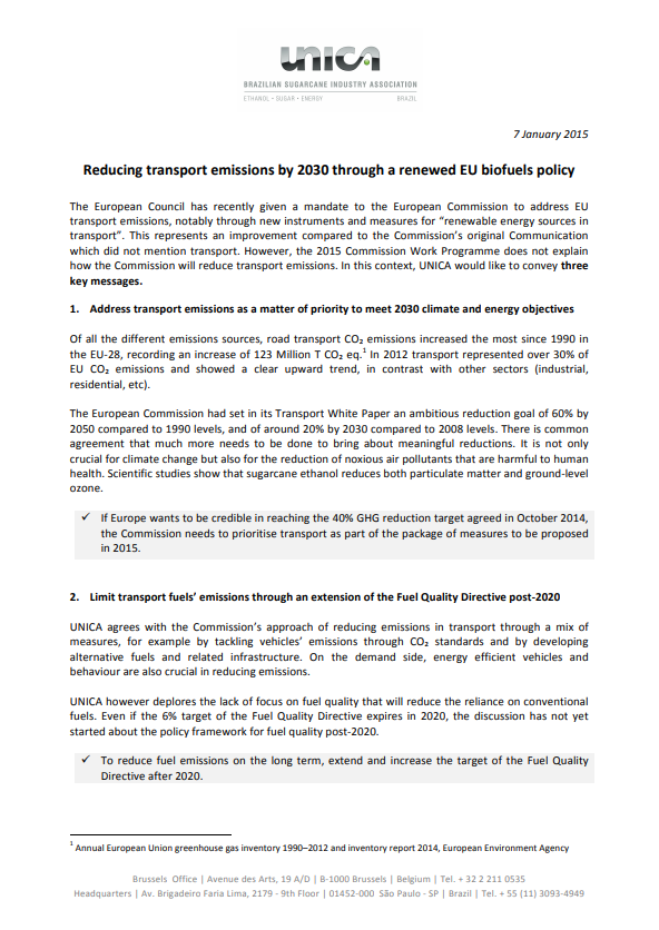 Position paper – Reducing transport emissions by 2030 through a renewed EU biofuels policy