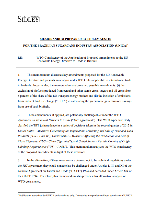 WTO-Consistency of the Application of Proposed Amendments to the EU Renewable Energy Directive to Trade in Biofuels