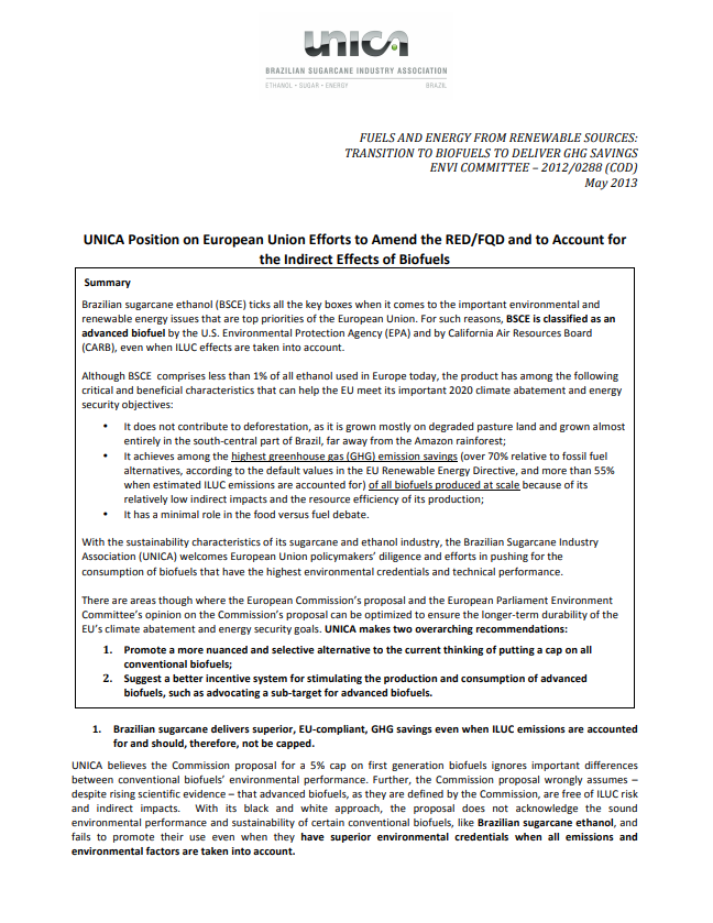 UNICA Position on European Union Efforts to Amend the RED/FQD and to Account for the Indirect Effects of Biofuels