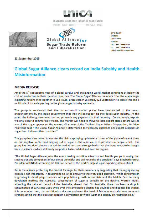Global Sugar Alliance clears record on India Subsidy and Health Misinformation