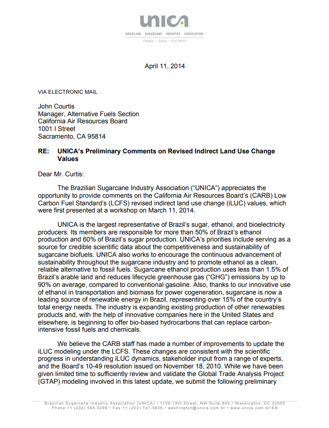 UNICA’s Preliminary Comments on Revised Indirect Land Use Change Values