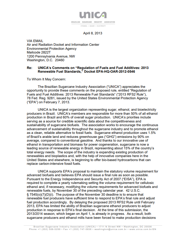 UNICA’s Comments on “Regulation of Fuels and Fuel Additives: 2013 Renewable Fuel Standards