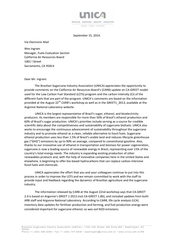 UNICA Comments to CARB – Carbon Intensity