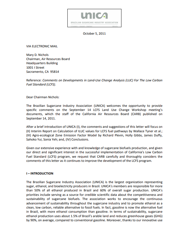 UNICA’s Comments to CARB: Comments on Developments in Land‐Use Change Analysis (LUC) For The Low Carbon Fuel Standard (LCFS)