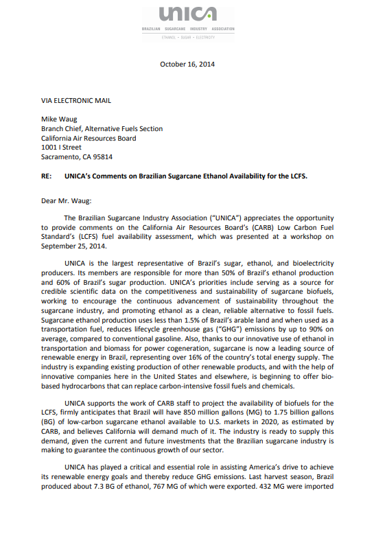 UNICA’s Comments on Brazilian Sugarcane Ethanol Availability for the LCFS