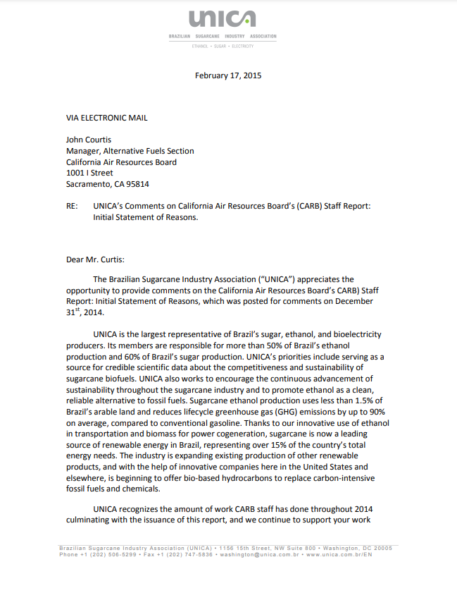 UNICA’s Comments on California Air Resources Board’s (CARB) Staff Report: Initial Statement of Reasons.