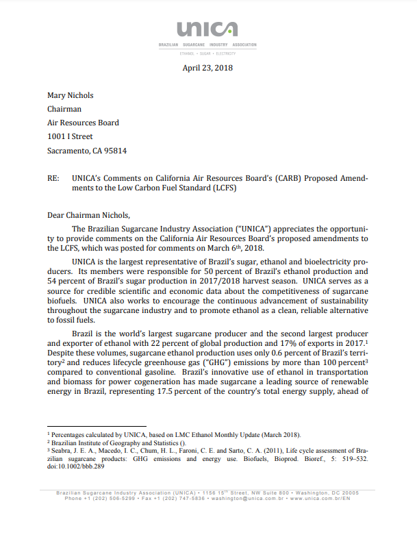 UNICA’s Comments on California Air Resources Board’s (CARB) Proposed Amend- ments to the Low Carbon Fuel Standard (LCFS)