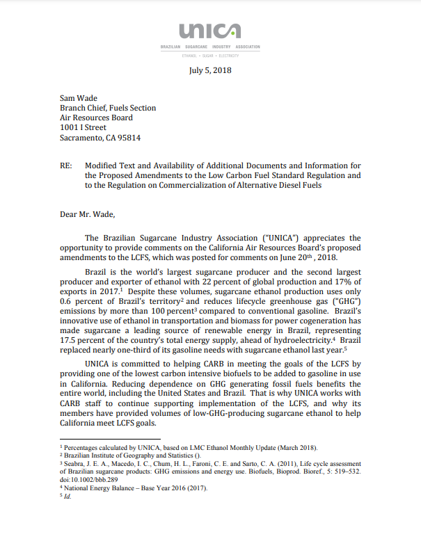 UNICA’s Comments on the Modified Text and Availability of Additional Documents and Information for the Proposed Amendments to the Low Carbon Fuel Standard Regulation and to the Regulation on Commercialization of Alternative Diesel Fuels