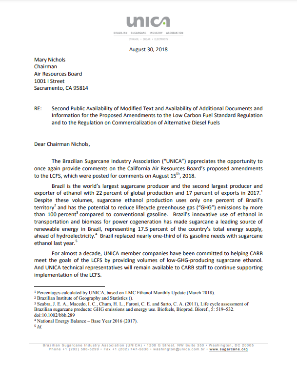 UNICA’s Comments on the Second Public Availability of Modified Text and Availability of Additional Documents and Information for the Proposed Amendments to the Low Carbon Fuel Standard Regulation and to the Regulation on Commercialization of Alternative Diesel Fuels