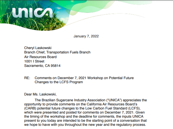 UNICA’s Comments on December 7, 2021 Workshop on Potential Future Changes to the LCFS Program