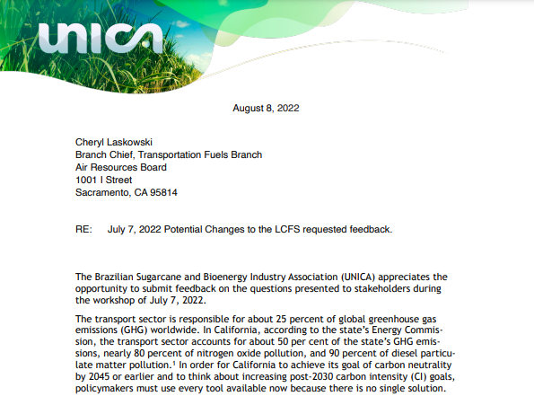UNICA’s comments on the July 7, 2022 Potential Changes to the LCFS requested feedback