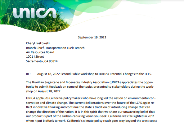 UNICA’s Comments on the August 18, 2022 Second Public workshop to Discuss Potential Changes to the LCFS