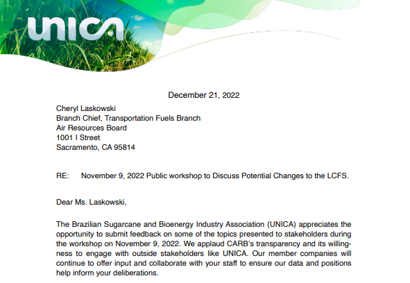 UNICA’s Comments on the November 9, 2022 Public workshop to Discuss Potential Changes to the LCFS