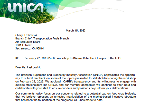 UNICA’s Comments on the February 22, 2023 Public workshop to Discuss Potential Changes to the LCFS