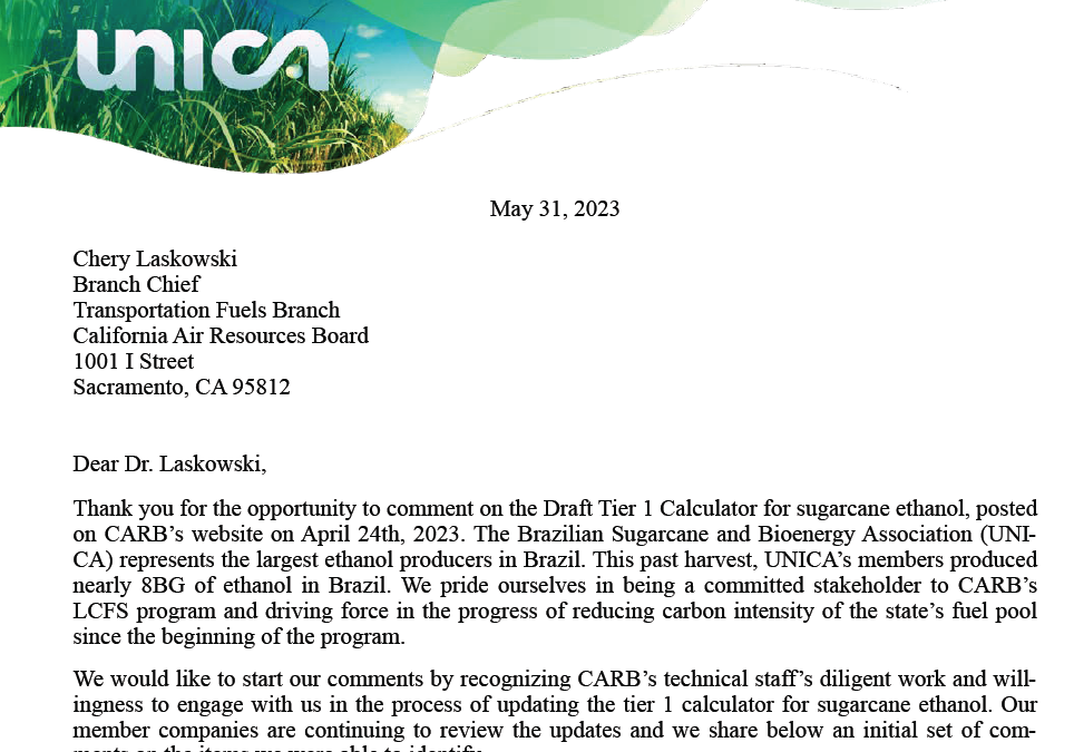 UNICA’s Comments to CARB on the Draft Proposed Changes for Tier 1 Sugarcane Ethanol Calculator